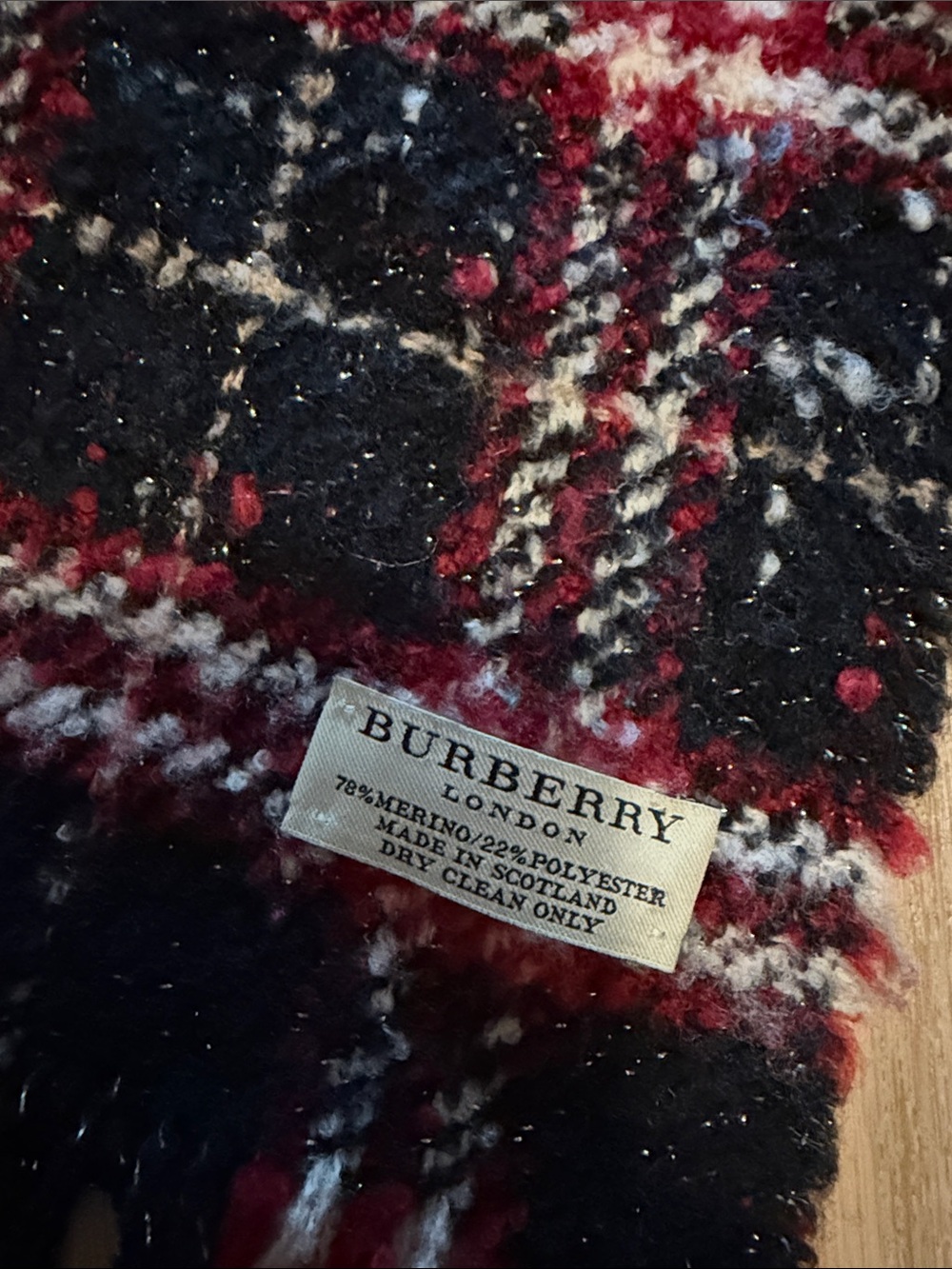 Burberry Plaid Scarf in Black, Red & Cream - Picture 2 of 2